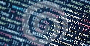Colorful programming php and html code on a monitor. PHP language code closeup. Backend programming, software development concept