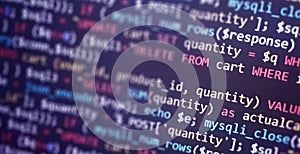 Colorful programming php and html code on a monitor. PHP language code closeup. Backend programming, software development concept