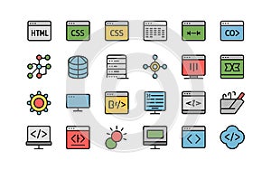 Colorful programming and web development icons representing html css and various coding technologies