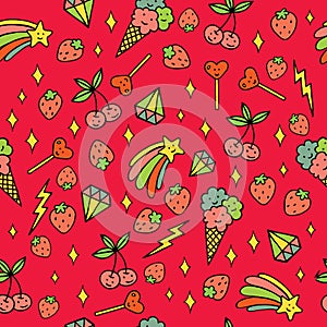 Colorful psychedelic doodle pattern with strawberries, stars, ice-creams etc. Doodle seamless background. Vector art