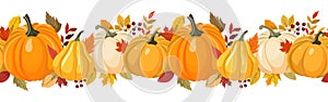Colorful pumpkins and autumn forest leaves horizontal seamless background. Vector illustration