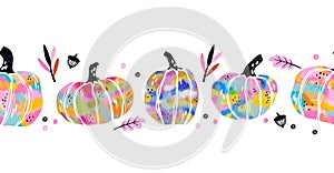 Colorful pumpkins horizontal seamless border, hand drawn, trend colors, great for banners, wallpaper, cards