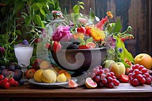 colorful punch bowl surrounded by fresh fruits and garden flowers