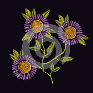 Colorful purple daisy flowers plant set embroidery in black background