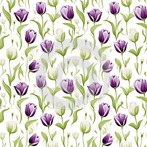 Colorful purple tulip and green leaf seamless pattern illustration. feminine style floral, spring season nature Generative AI