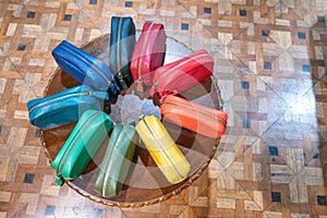 Colorful purses, top view, isolated from the floor