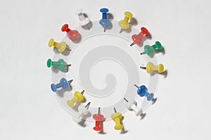 Colorful push pin thumbtack paper clip office business supplies isolated