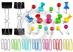 Colorful pushpins and paperclips binders. Color paper clip, red pushpin and office papers clamp. Realistic pins vector