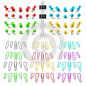 Colorful pushpins and paperclips binders, stationer elements. To