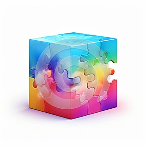 a colorful puzzle cube with pieces missing on a white background