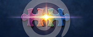 Colorful Puzzle Pieces Connecting in Bright Light on Dark Background