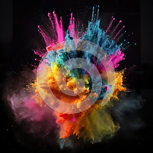 Colorful pwoder explosion on dark background. Abstract art of exploding vibrant multicolored frame.