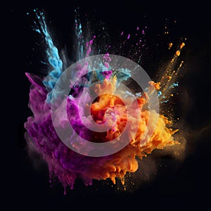 Colorful pwoder explosion on dark background. Abstract art of exploding vibrant multicolored frame.