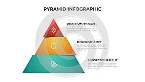 Colorful pyramid infographic template vector with 3 steps, list, levels diagram. Triangle segmented layout for presentation