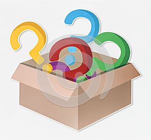 Colorful question mark icons in an open box