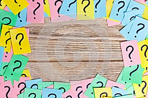 Colorful question marks frame background written reminders tickets. ask or business concept with copy space