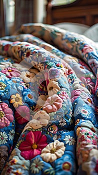 a colorful quilt with flowers on it is laying on a bed