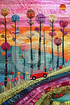 A colorful quilt with a red car driving down a road