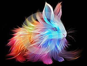 A colorful rabbit with long hair on a black background