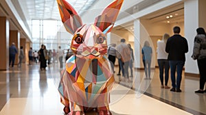 A colorful rabbit statue in a building