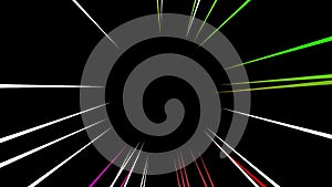 Colorful radial shining speed line. Abstract fast motion in black background.