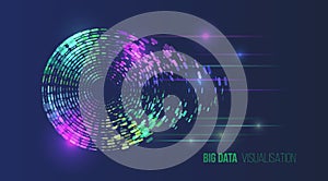 Colorful radial swirl of data particles forming digital vortex on dark blue background. Concept of big data visualization,