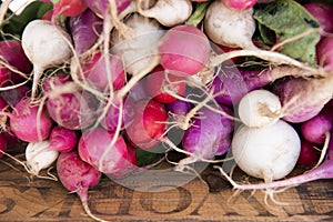 Colorful radishes at farmers market