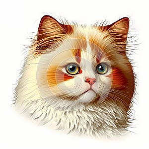 Colorful Ragdoll cat head portrait orange white, cute eyes.