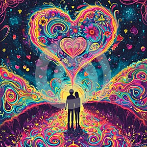 Colorful rainbow abstract illustration of a couple, in love around a heart. Heart as a symbol of affection and love