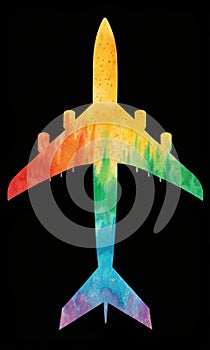Colorful rainbow airplane silhouette against a black background