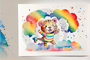 Colorful rainbow baby Tiger cub sleeping on a cloud watercolor