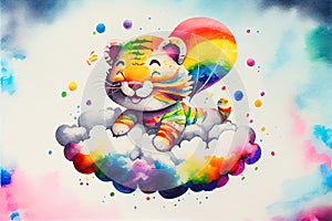 Colorful rainbow baby Tiger cub sleeping on a cloud watercolor