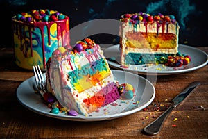 Colorful rainbow cake, with a slice taken out of it, resting on a white plate.