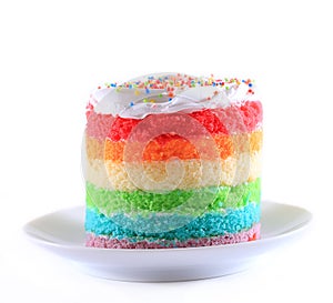 Colorful rainbow cakes on white plate.