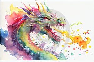 Colorful rainbow Chinese Dragon breathing fire watercolor painting