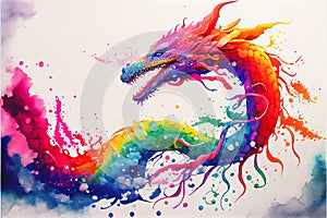 Colorful rainbow Chinese Dragon breathing fire watercolor painting