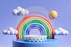 Colorful rainbow, clouds, sun, and platform 3D render