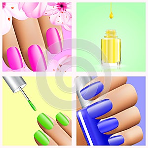 Colorful rainbow collection of nail designs for 4 seasons: summer spring, winter and autumn. Vector 3d illustration