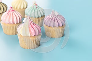 Colorful rainbow cupcake set on blue pastel toning