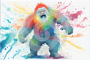 Colorful rainbow cute adorable Abominable Snowman Yeti bear watercolor painting