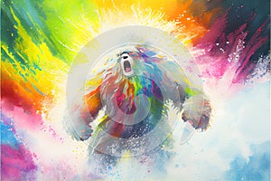 Colorful rainbow cute adorable Abominable Snowman Yeti bear watercolor painting
