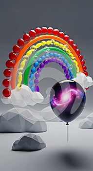 Colorful Rainbow Decor with Galaxy Balloon and Cloud Props in Creative Studio Setting