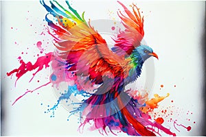 Colorful rainbow fiery phoenix bird watercolor painting