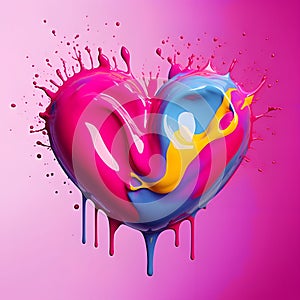 Colorful rainbow heart made of colored watercolor paint, an abstract composition on a pink background. Heart as a symb