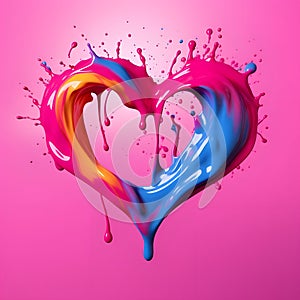Colorful rainbow heart made of colored watercolor paint, an abstract composition on a pink background. Heart as a symbol of