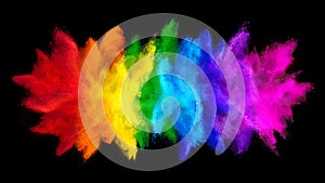 Colorful rainbow holi paint color big  double powder explosion isolated dark black wide panorama background. peace rgb beautiful