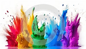 Colorful rainbow holi paint color powder explosion isolated white