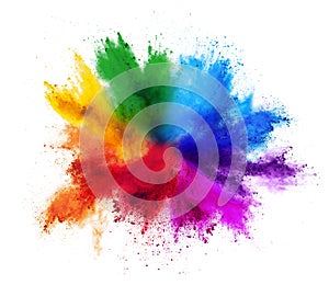 Colorful rainbow holi paint color powder explosion isolated white background photo