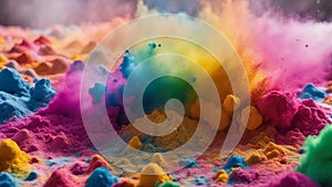 A colorful rainbow holi paint color powder explosion on a white wide panorama background, the powder