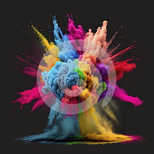 Colorful rainbow holi paint splash, explosion of colored powder on black background.